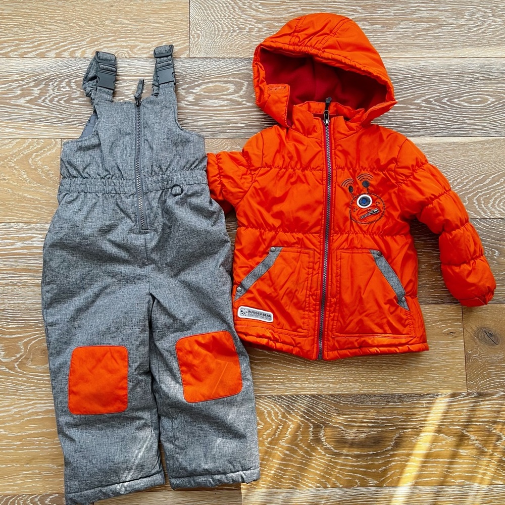 Vibrant Orange and Gray Kids Puffer Jacket & Bib Set